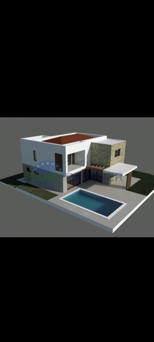 Ein Haus mit Swimmingpool in modernem Design in der Rohbauphase, ein schöner Blick auf das Meer