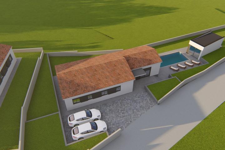 Kršan, okolica, građevinsko zemljište 891 m2, projekt za montažnu kuću i dozvola za gradnju