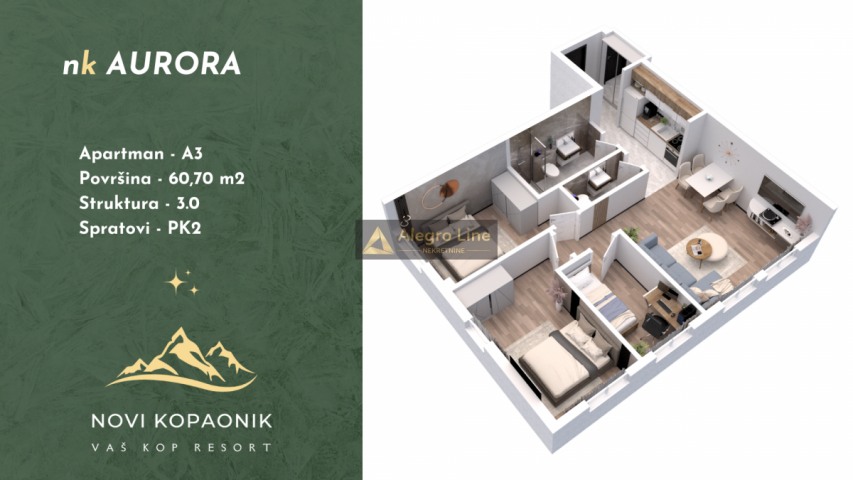Stan u apartmanskom kompleksu Novi Kopaonik, zgrada Aurora, 60. 7 PTK 2 A3