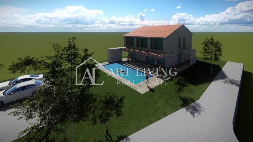 Buje-okolica, House with conceptual design for a detached or semi-detached building with a swimming 