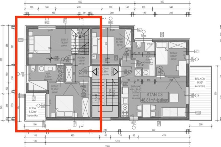 Zadar, Vir – Dvoetažni apartman C2 površine 81, 07 m2 s pripadajućom krovnom terasom površine 30 m2 