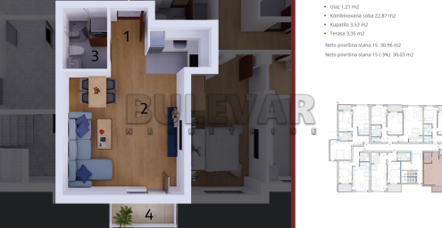 0. 5 stan , centar, 30 m2, III  sprat, cg. 