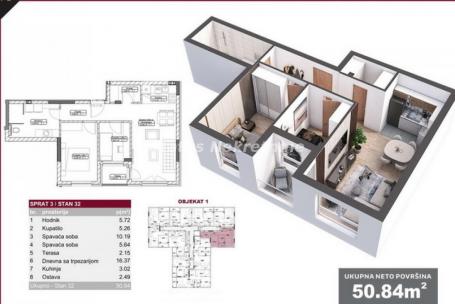 Južni Telep-Lep Trosoban stan 51 m2 u Izgradnji-povrat Pdv-065/385 8880